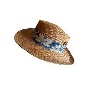 Panama Jack Straw Sun Hat Tan Blue Floral Band Large Fedora Style Unisex